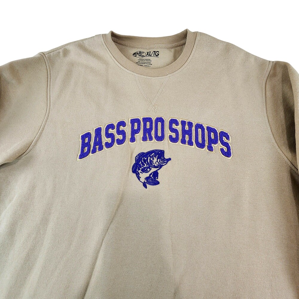 Bass Pro Shops Sweatshirt Mens XL Beige Crewneck Fleece Pullover Fishing Logo